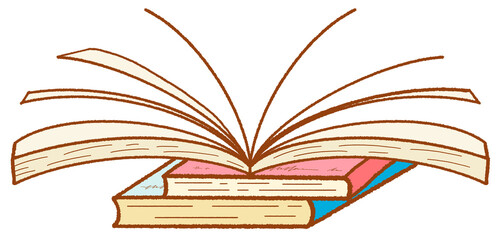 A cartoonish illustration of a stack of books, with an open book on top, giving the image a cute dimension.