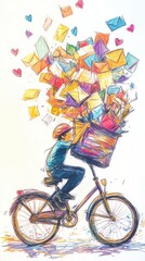 Fototapeta premium Expressive illustration of a cyclist overflowing with messages of affection and care