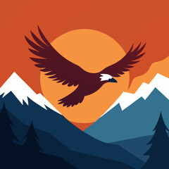 Vector art illustration of an eagle flying in the sky over a mountain