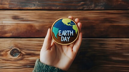 Hand Holding Earth Day Embroidered Patch on Wooden Background