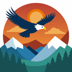 Obraz premium Vector art illustration of an eagle flying in the sky over a mountain