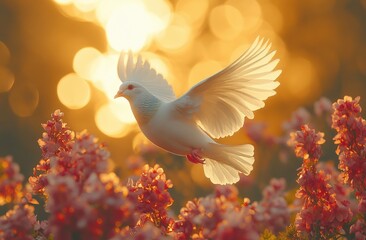 Dove in Flight over Flowers with Golden Bokeh Background Creating a Warm and Dreamy Atmosphere