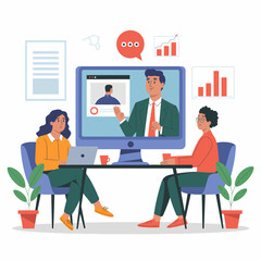 Online meeting with a boss. Video call in a work team and teamwork.