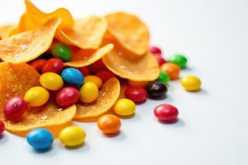Pile of colorful candy, chips, and soda on white , vibrant, white background, treats