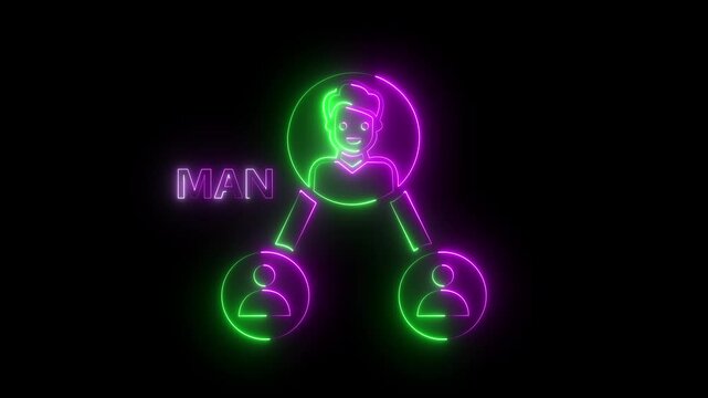 Glowing neon line Project team  man base icon isolated on black background. 
