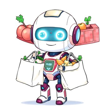 robot assistant  with a shoping white bags