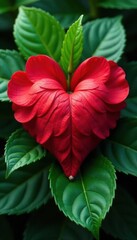 Intricate red flower heart, lush green leaves surrounding , texture, detail