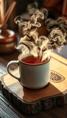 Fototapeta premium Steaming mug of tea, warm ceramic, rustic wooden table, blur, minimal