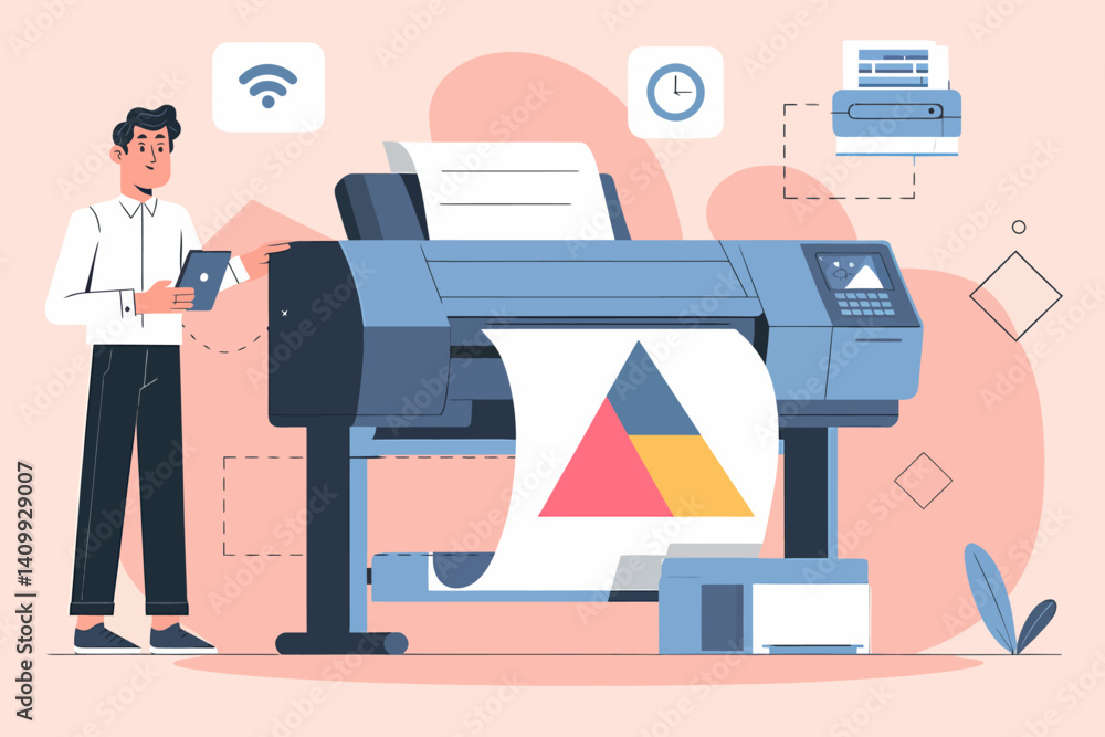 Poster man using large format printer for design, connected wirelessly via tablet