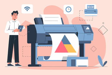 Man using large format printer for design, connected wirelessly via tablet