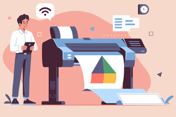 Professional wide format printer with worker, Wi-Fi connection. Vector illustration.