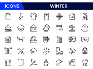 Vector illustration web line icon collection showcasing snowflakes, mittens, hot drinks, snowmen, and scarves—capturing cozy, chilly, and festive aspects of the winter season.