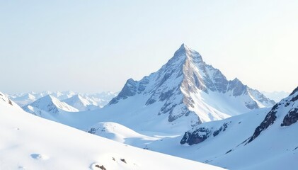 Obraz premium Snow-covered mountain peak, pristine white background, cliff, clear