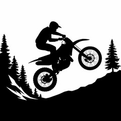Motocross Rider Silhouette: Extreme Sport Jump in Nature Landscape