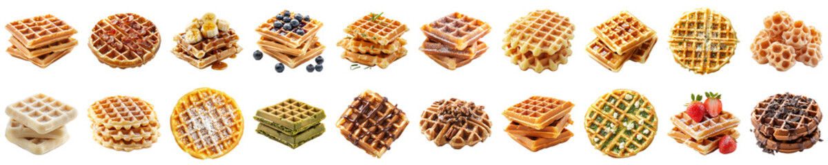 A Variety of Delicious Waffles Displayed in a Stunning Array to Tempt Any Food Lover with Their Unique Shapes and Tantalizing Toppings. Piquant food set.