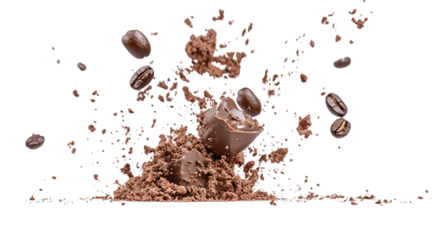 Coffee roasted bean ground fly explosion, Coffee crushed ground float pouring mix with beans. Roasted Coffee bean powder ground dust splash explosion in mid Air. Black background Isolated gold bokeh