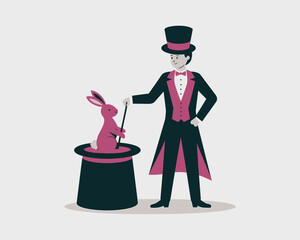 Magician with magic wand and rabbit appearing from the hat, show illustration