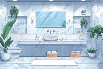 Modern Minimalist Bathroom Design with Marble Finishes and Nature-Inspired Greenery