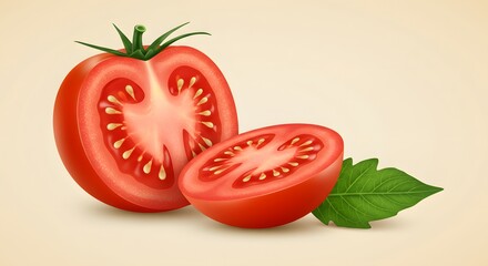 Fototapeta premium Sliced Tomato with Green Leaf Isolated Still Life
