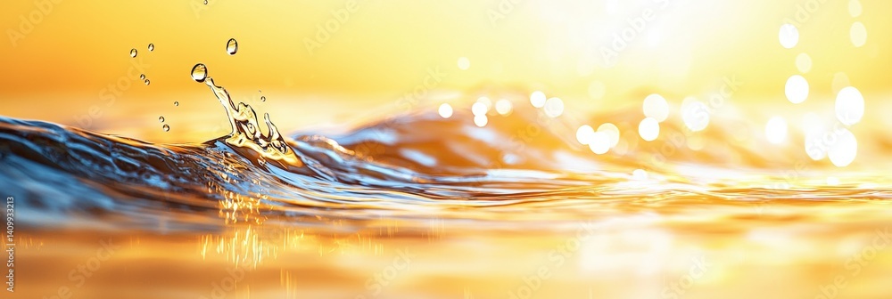 Poster a serene image of shimmering water droplets reflecting golden sunlight, creating a tranquil and invi