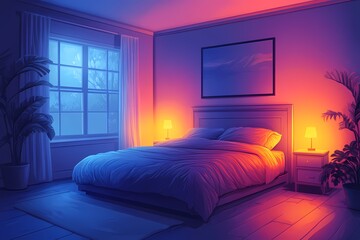 Cozy Bedroom Interior with Tranquil Lighting and Soft Colors. Modern Design Ideas for a Dreamy Sleep Space