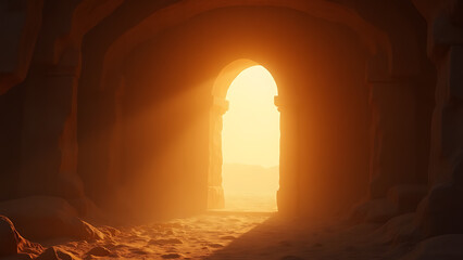 sunrise light through ancient tomb stone doorway