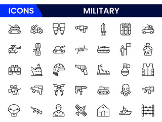 Vector illustration web line icon collection showcasing military elements like soldiers, weapons, tanks, medals, and strategy symbols—representing defense, service, and national security themes.