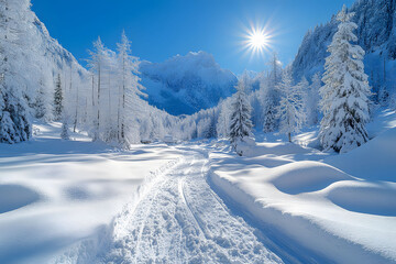 Obraz premium Winter Wonderland Path Through Snowy Mountain Landscape