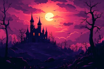 Eerie Nighttime Castle Under Moonlight. Spooky Halloween Landscape with Gothic Architecture and Creepy Forest Silhouettes
