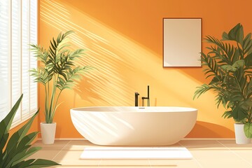Fototapeta premium Modern Bathroom Interior Design with Freestanding Tub, Orange Walls, and Natural Light for Elegant Home Ambience