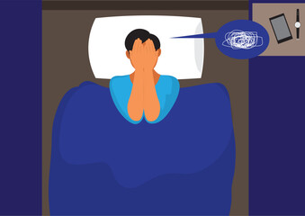 man lying in bed he is stressed and thinking Concept illustration of depression, insomnia, irritability, loneliness, trouble. Flat vector illustration.