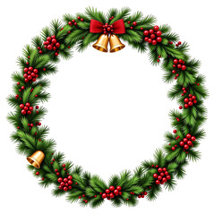 Christmas wreath with pine branches, red berries, and golden bells isolated on transparent background
