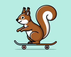 Cartoon squirrel rides a skateboard, fun, sporty animal vector art