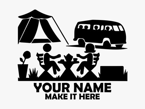 Black silhouette illustration of a happy camping couple sitting at a table with tea near a tent and a vintage van. Camping concept, camping vector and camping logo design