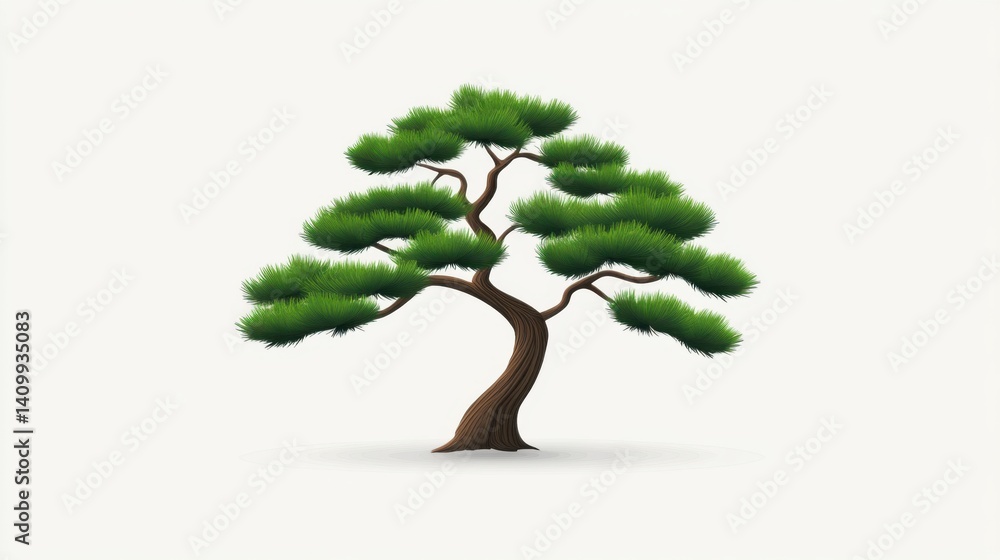 Poster elegant and stylized green tree with curved trunk on a light background for nature and design projec