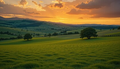 Obraz premium Serene Sunset over Rolling Green Hills