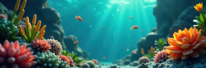 Fototapeta premium Deep underwater scene, blurred aquatic plants, colorful, background