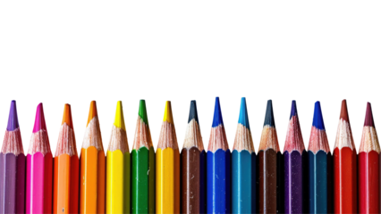 Row of colored pencils isolated on transparent background png. Frame of pencils for creativity and study