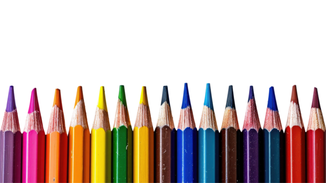 Row of colored pencils isolated on transparent background png. Frame of pencils for creativity and study