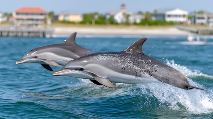 Fototapeta premium Two Atlantic Spotted Dolphins Leaping Ocean Waves Coastal Homes Background