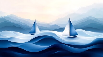 Two Sailboats on Wavy Sea: Minimalist Nautical Illustration