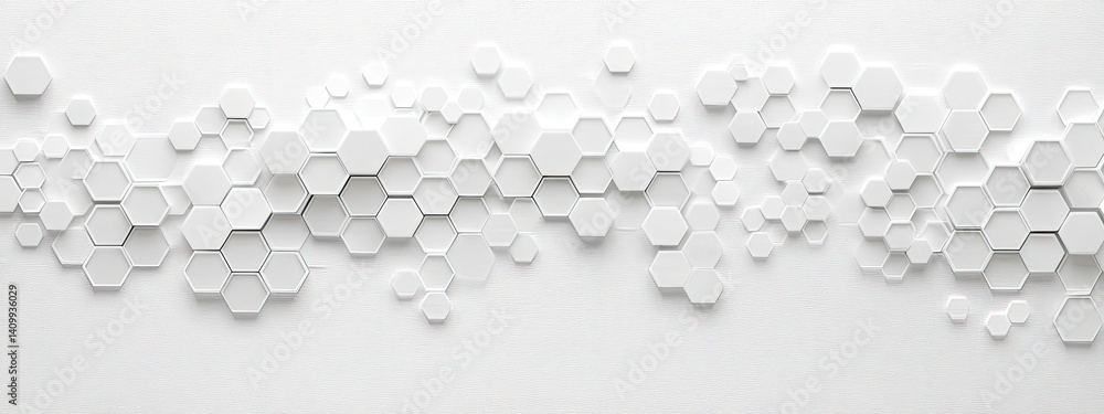 Poster array of interconnected white hexagons on textured background, monochrome minimal design