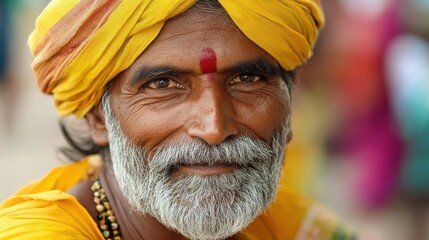 A close-up portrait of a smiling elderly man wearing a vibrant yellow turban. His expressive face showcases wisdom and joy, capturing the essence of cultural heritage.