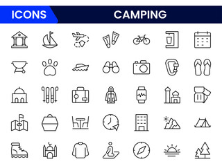 Vector illustration web line icon collection featuring tents, campfires, backpacks, trees, and mountains—perfectly capturing the adventurous and serene spirit of camping outdoors.