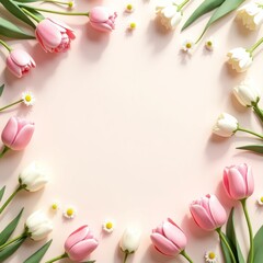Fototapeta premium Tulips and daisies arranged around a soft pink background. Light floral flatlay perfect for spring-themed cards, wedding invitations, and branding.
