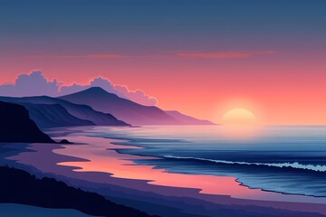 Fototapeta premium Stunning Sunset Beach Landscape. Tranquil Ocean Waves and Vibrant Sky Colors