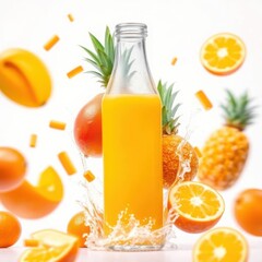 Fototapeta premium Tropical juice bottle with orange, pineapple, and mango against a bright background with a splash.