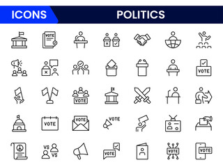 Vector illustration web line icon collection featuring government buildings, ballots, megaphones, handshakes, and flags, symbolizing political systems, elections, diplomacy, and civic engagement.