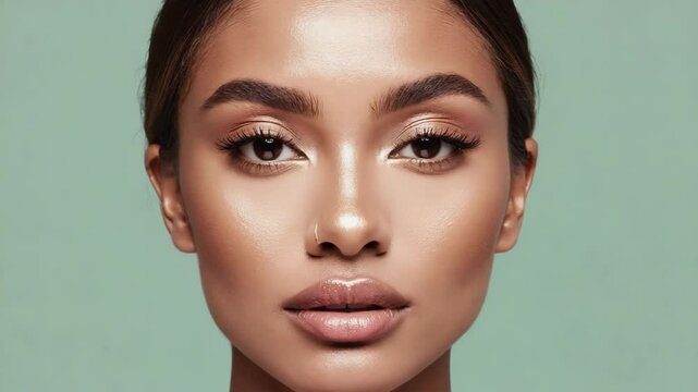 Close-up portrait of a beautiful female face with bronzed skin, detailed makeup, shiny glossy lips, and perfect eyebrows against a muted background