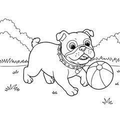 Drawing illustration Dog Playing ball in the back yard. Black and white. Coloring page.